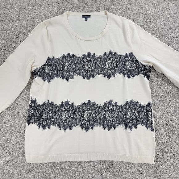 Talbots Womens Sweater XL Cream Black Paisley Eyelash Lace Stripes Crew Neck - Picture 9 of 12